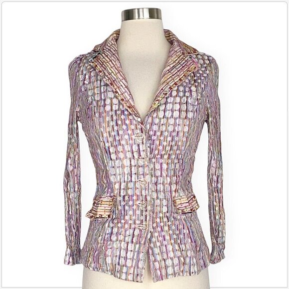 Alberto Makali Pastel Crinkle Metallic Stretch Knit Form Fitting Jacket Blazer S - Picture 1 of 4
